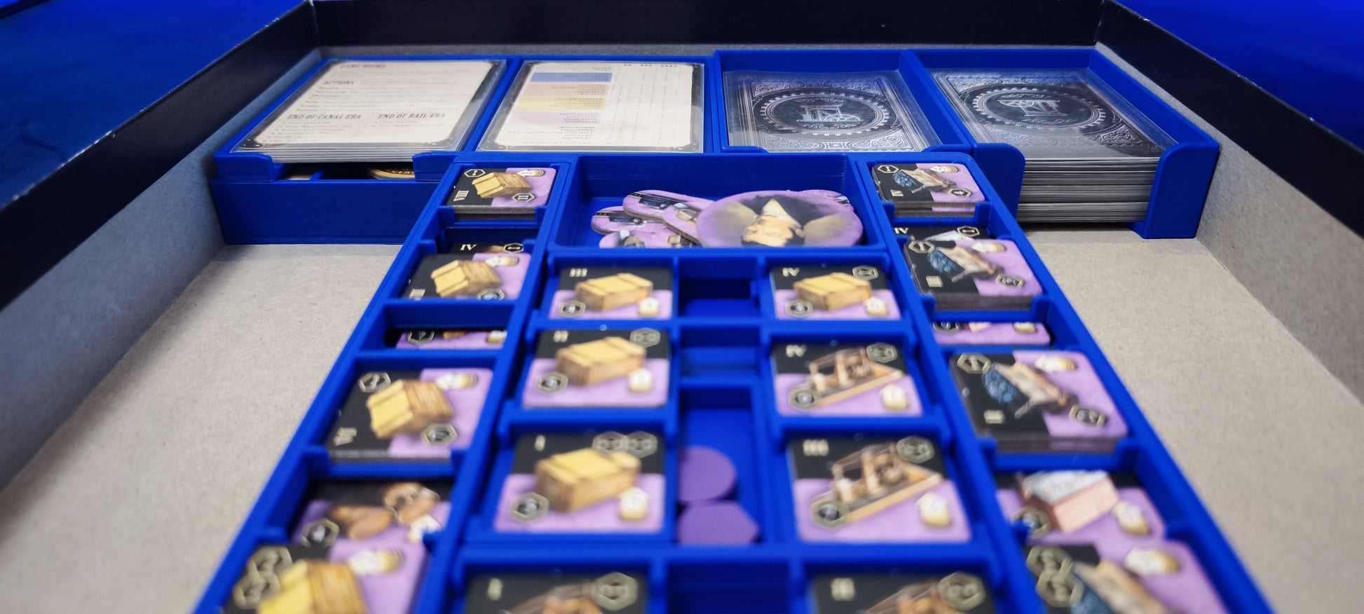 Full player component tray for Brass Birmingham board game and 3D printed card tray insert for Brass: Birmingham board game